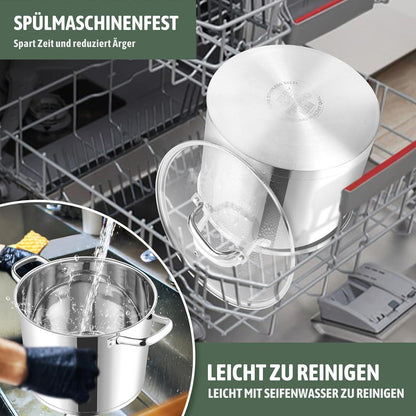 Kochtopf 11,4L Edelstahl Glasdeckel 3 Lagen Boden - Spülmaschinenfest