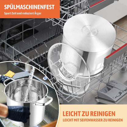 Topf Edelstahl 9,5L mit Glasdeckel für alle Herdarten
