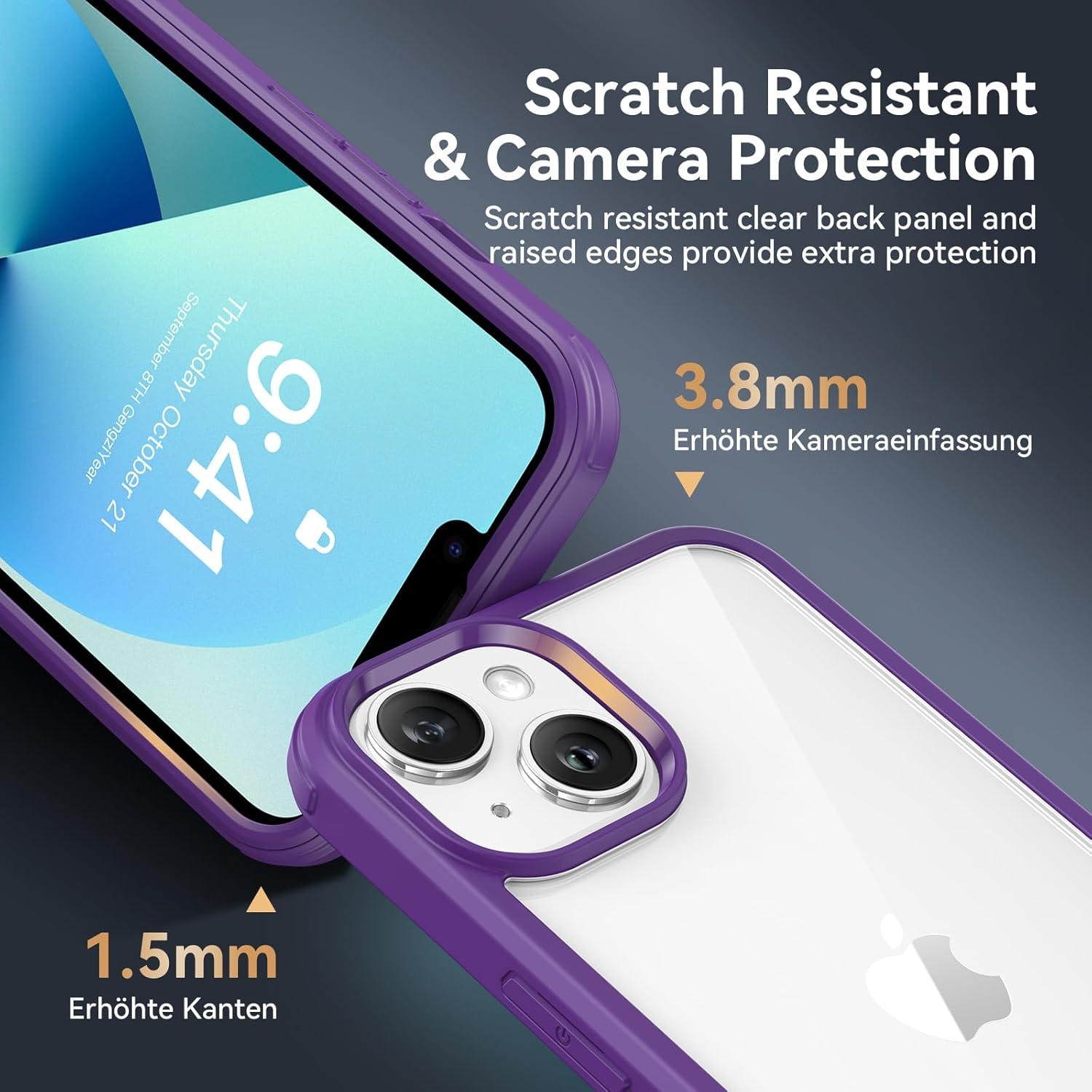 Kmofizle iPhone 13 Hülle 360 Grad Glas Stoßfest Kameraschutz Lila