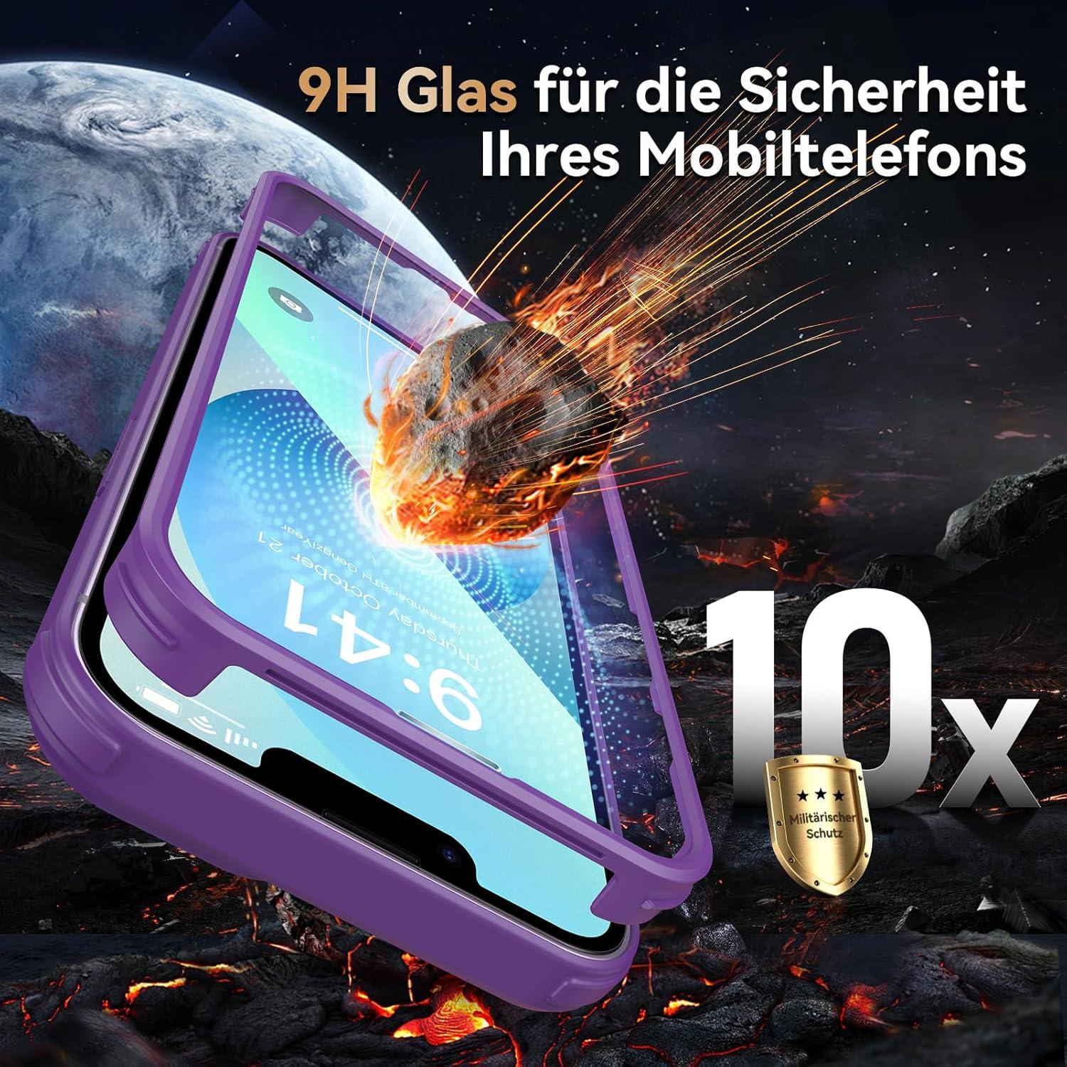 iPhone 13 Hülle 360 Grad Glas Schutzfolie Kameraschutz Stoßfest Lila