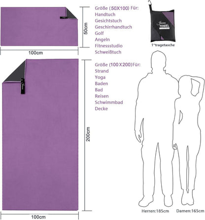 Mikrofaser Handtuch Set Groß Sporthandtuch Schnelltrocknend Antibakteriell 2er Pack 200x100cm + 100x50cm