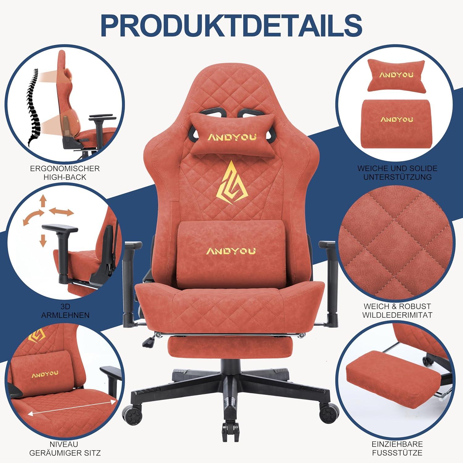 Ergonomischer Gaming Stuhl mit Massagefunktion, Fußstütze