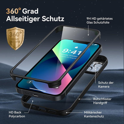 Kmofizle 360 Grad Schutz Hülle mit Glas für iPhone 13 - Schwarz
