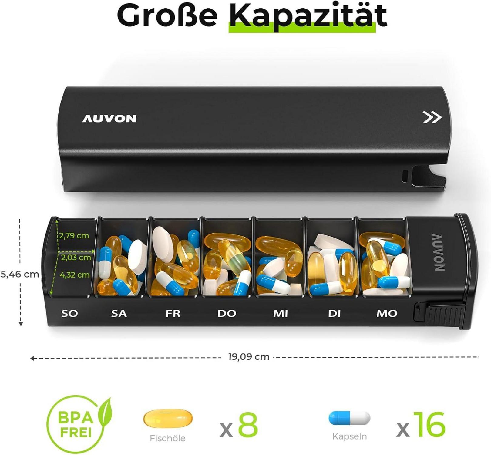AUVON Tablettenbox 7 Tage Aluminium Schwarz Datenschutz BPA-frei