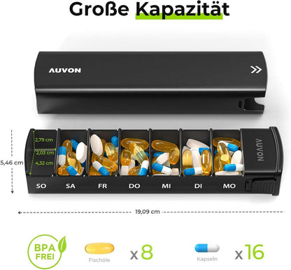 AUVON Tablettenbox 7 Tage Aluminium Schwarz Datenschutz BPA-frei