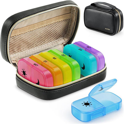 Tablettenbox 7 Tage mit PU Leder Tasche, Pillendose & Reißverschluss