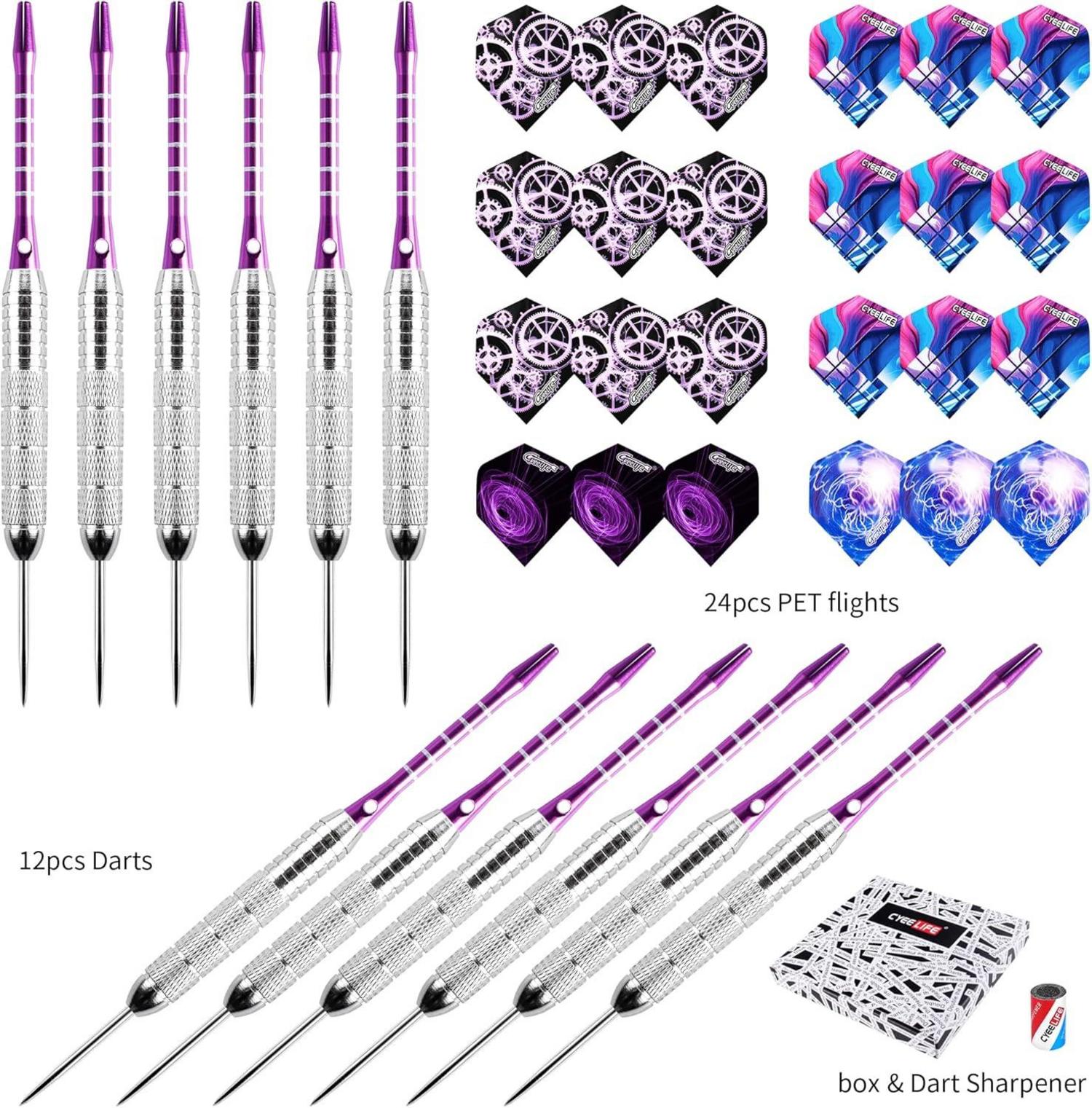 CyeeLife Profi Dartpfeile Set 12 St. Steeldarts 24 Flights + Sharpener 22g