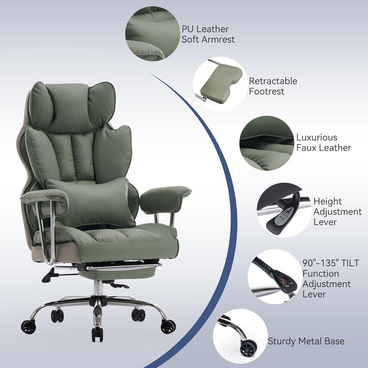 Ergonomischer Bürostuhl mit Fußstütze und Lendenwirbelstütze, Hellgrün