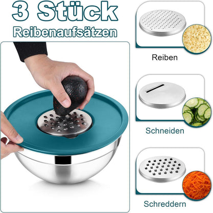 Rührschüssel Edelstahl Salatschüssel mit Deckel & Reiben-Aufsätzen