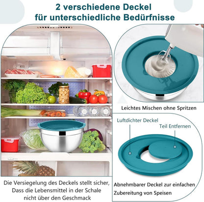 Joyfair Rührschüssel 4,5L Edelstahl Salatschüssel mit Deckel 3 Reibeaufsätze