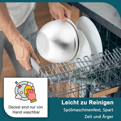 Rührschüssel 4,5 L Edelstahl Salatschüssel mit 3 Reibeaufsätzen Blau