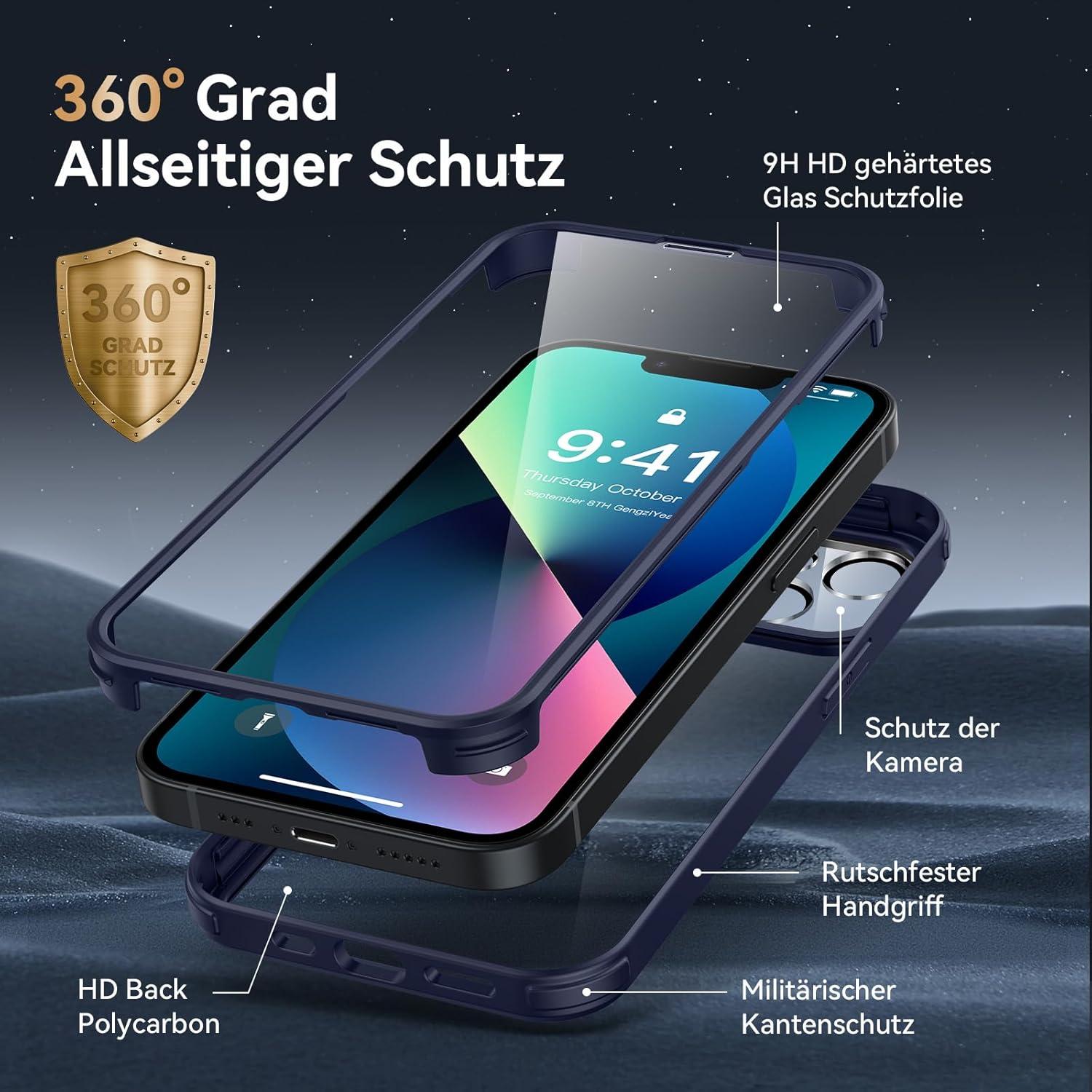 iPhone 13 Hülle 360 Grad Stoßfest mit Glas Schutzfolie & Kameraschutz