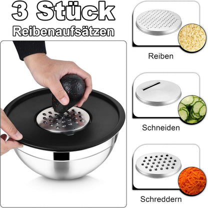 Rührschüssel mit Deckel und 3 Reibeaufsätzen 4,5 L Edelstahl