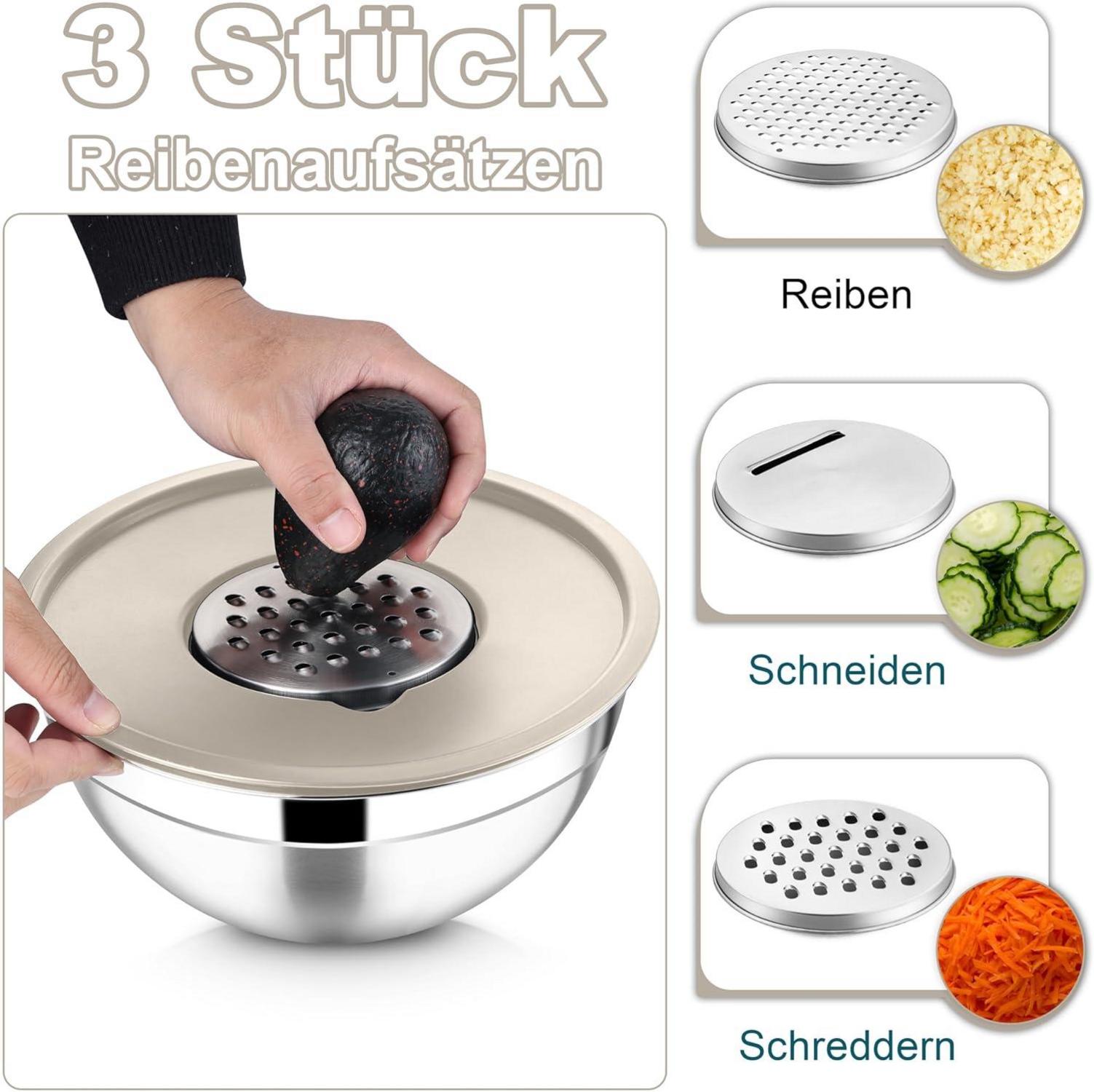Rührschüssel Edelstahl 4,5 L mit Deckel & 3 Reibeaufsätzen