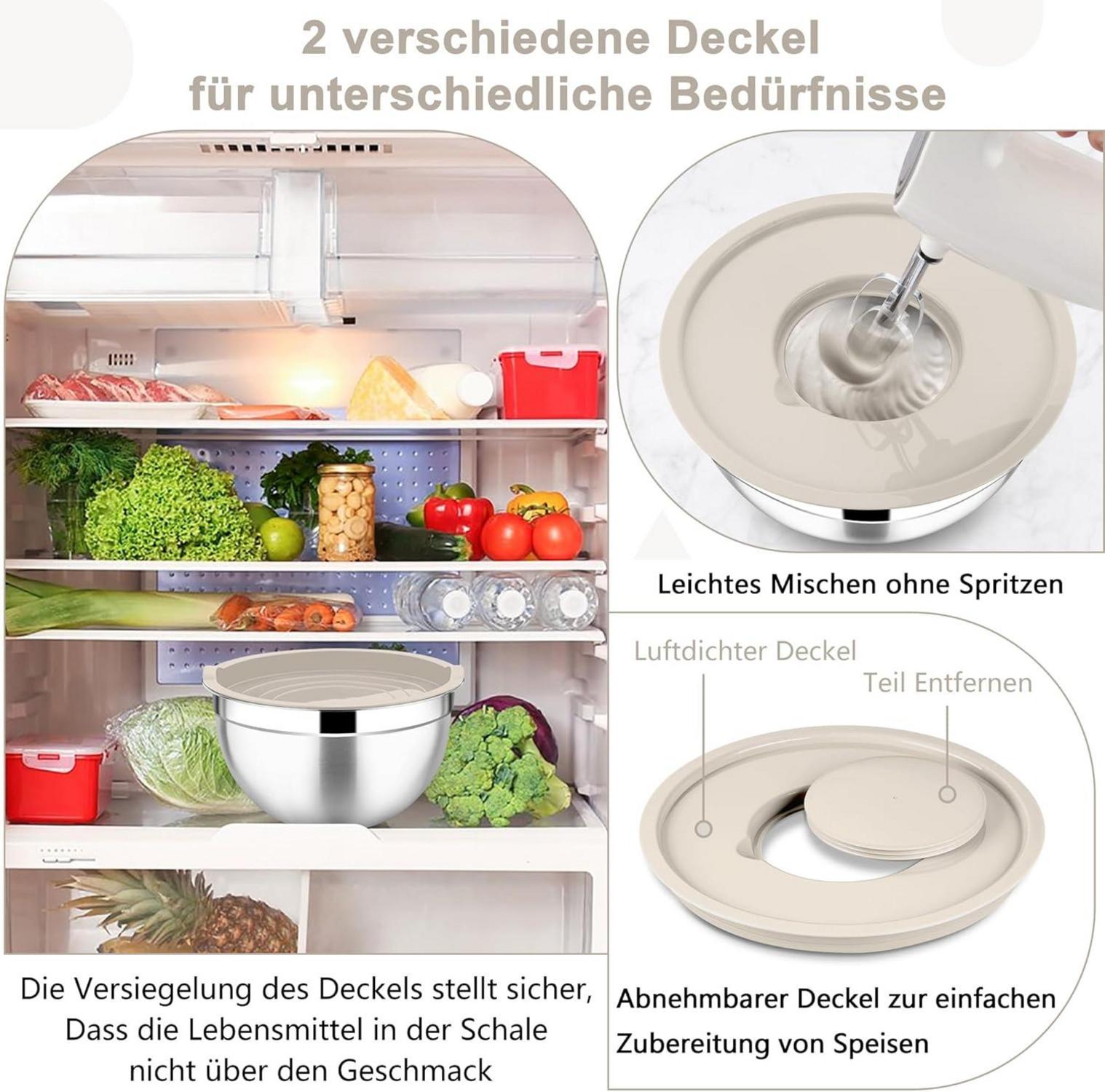 Joyfair Rührschüssel 4,5L Edelstahl Salatschüssel mit Deckel & Reibeaufsätzen