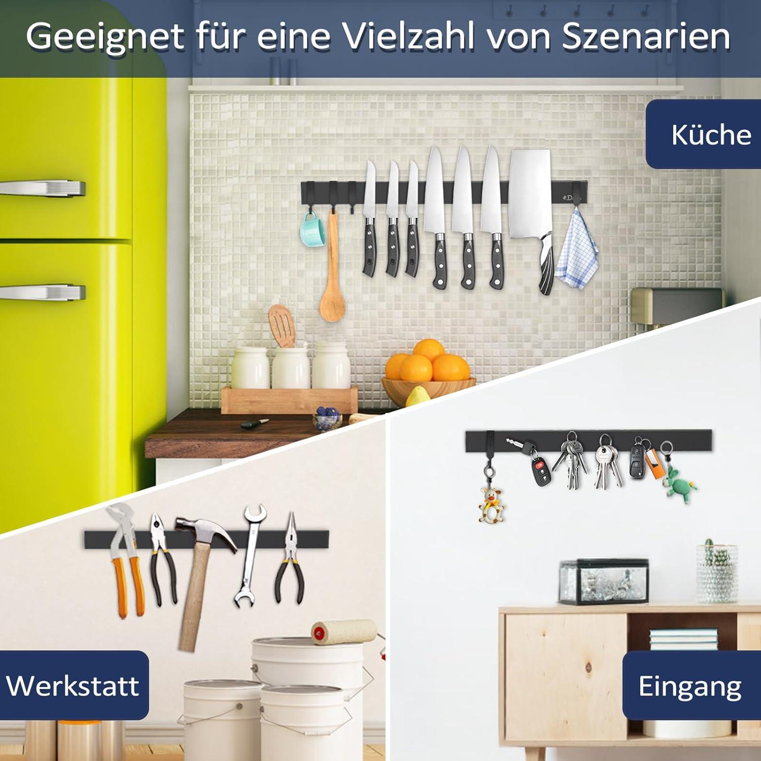 Magnetleiste Messer 50 cm mit Haken, Magnetischer Messerhalter Schwarz