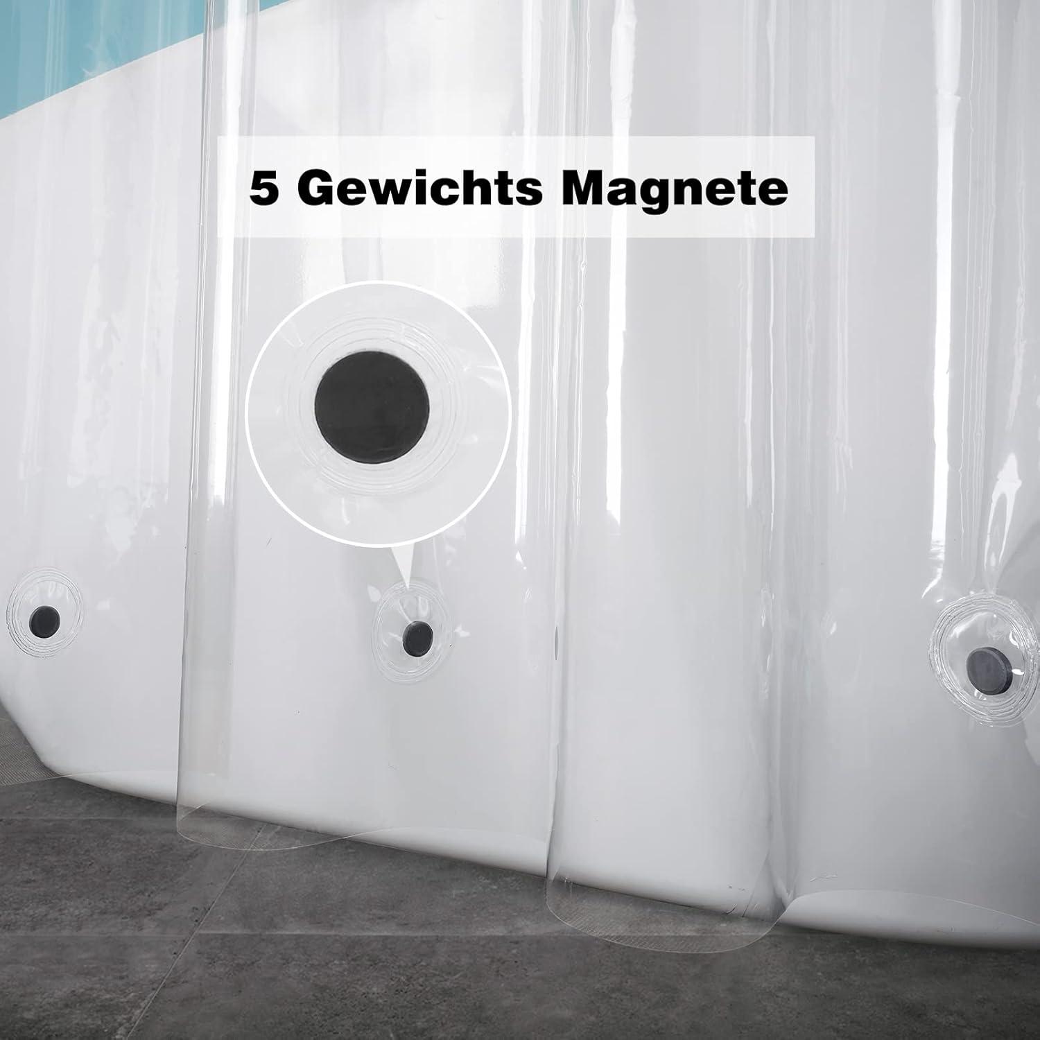 Duschvorhang Überlänge Transparent 180x220 Wasserdicht 5 Magnete Anti-Schimmel antibakteriell 12 Haken