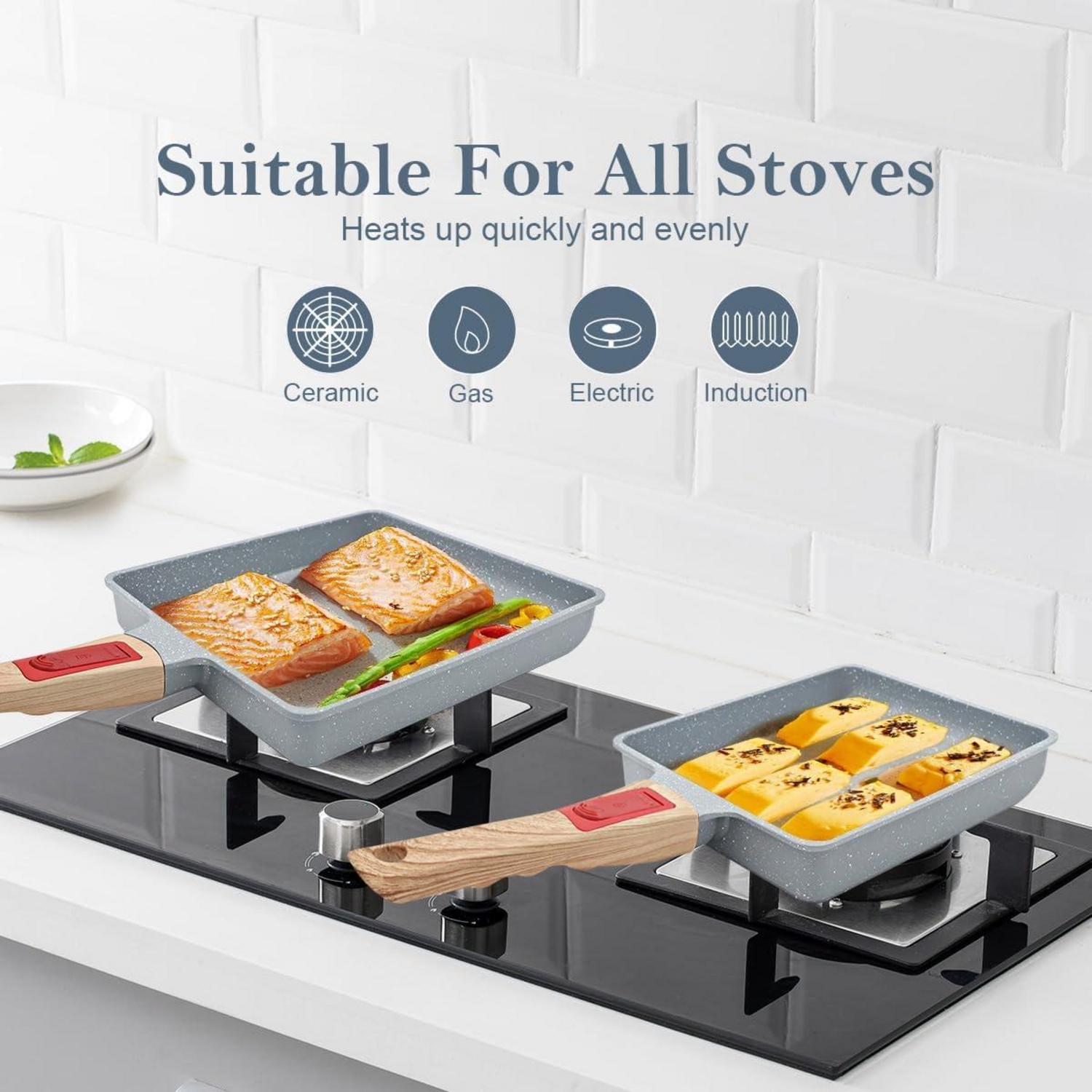 Keramik Tamagoyaki Pfanne Antihaft Japanische Omlette Abnehmbarer Griff Blau 23x21 cm