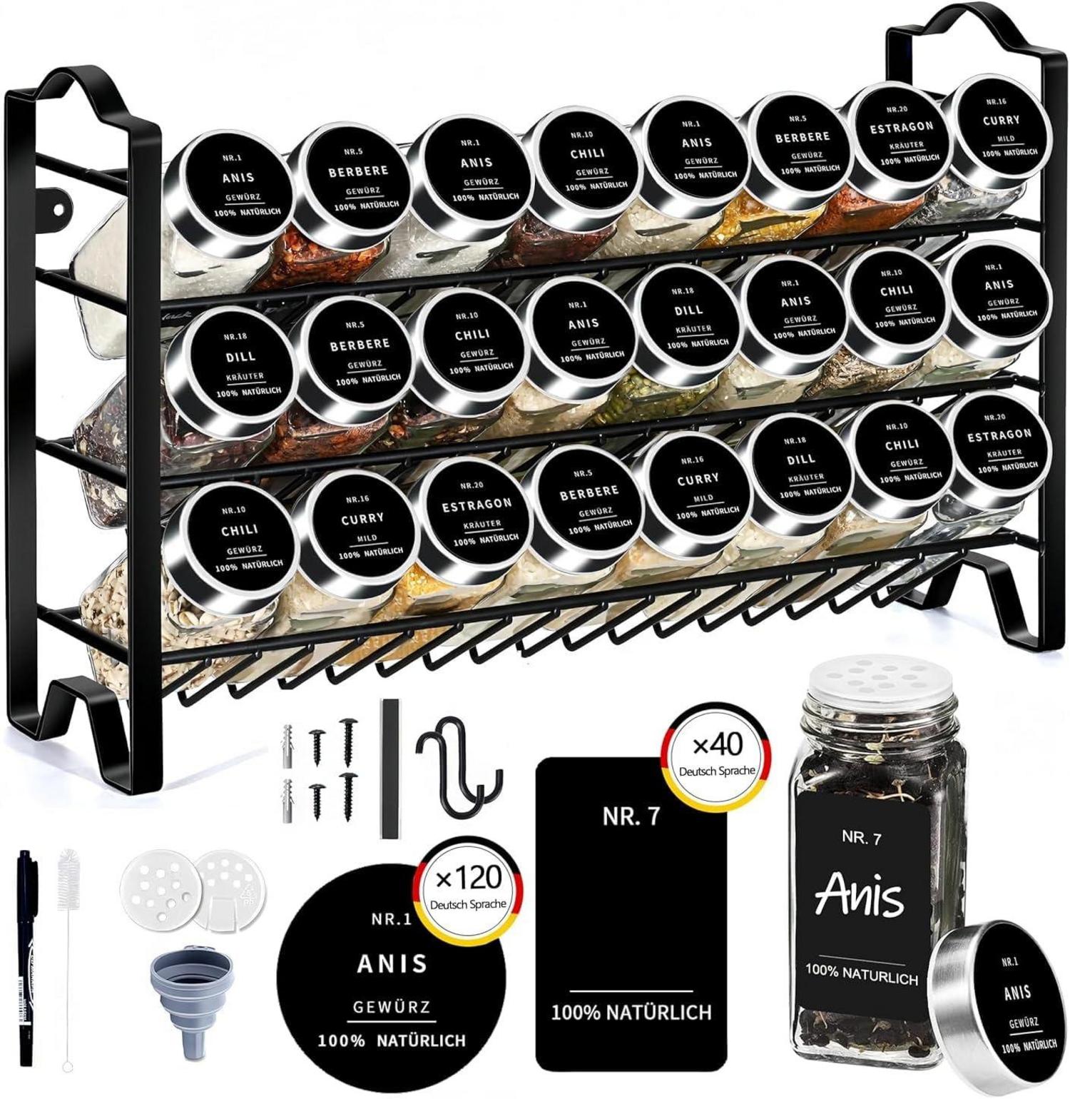 Gewürzregal 3-stufig Metallregal mit 24 Gewürzgläsern 120ml