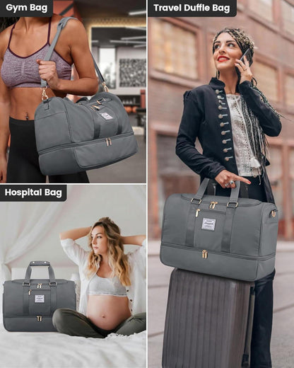 Sporttasche Damen Weekender Reisetasche mit Schuhfach Nassfach Grau