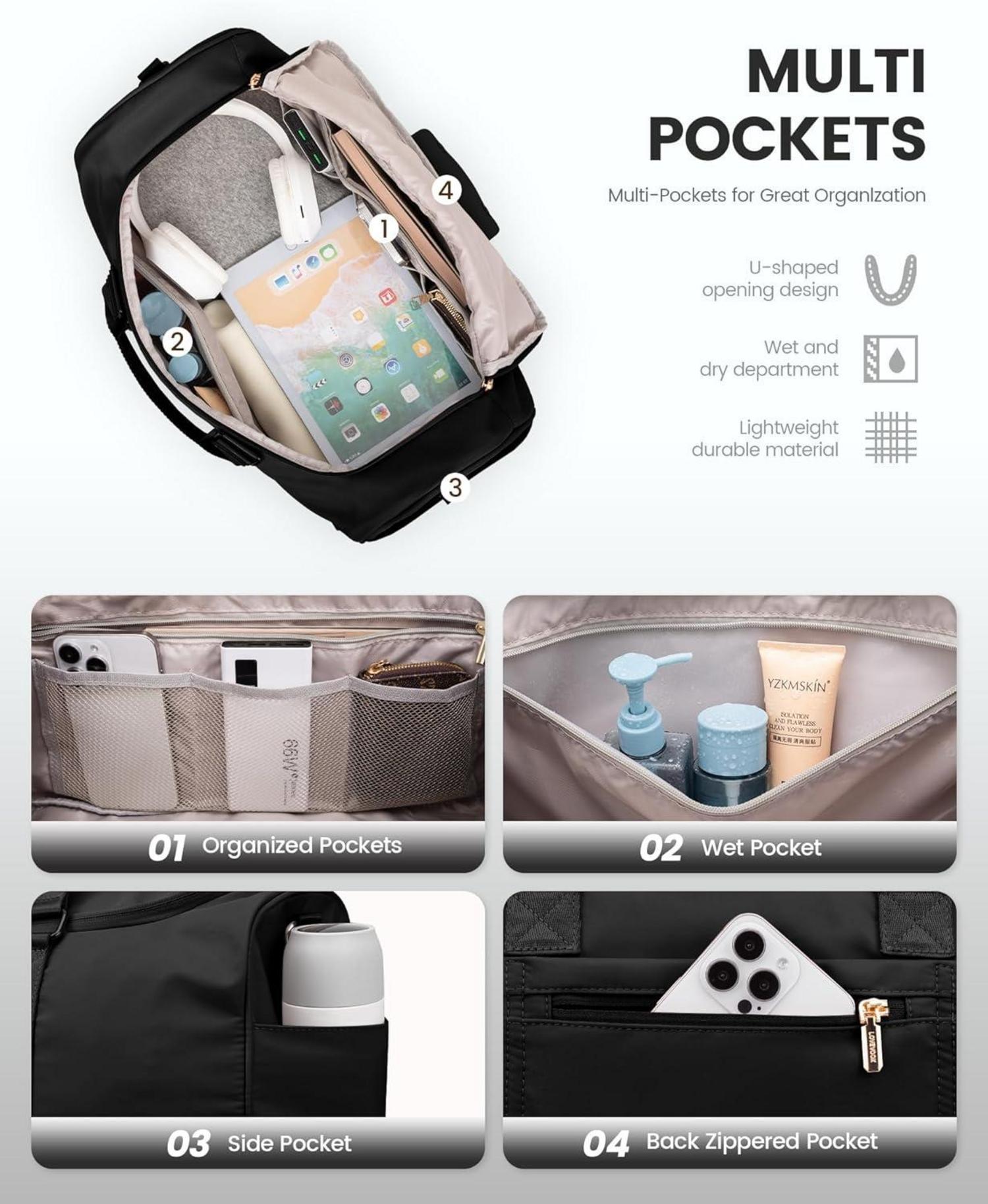 Sporttasche 50L Damen Weekender Reisetasche Schwarz