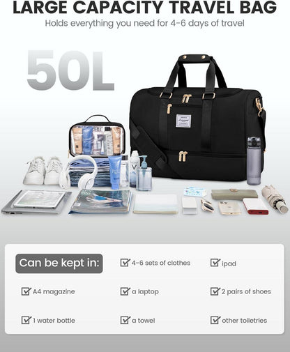 Große 50L Sporttasche Damen Reisetasche Weekender Schwarz
