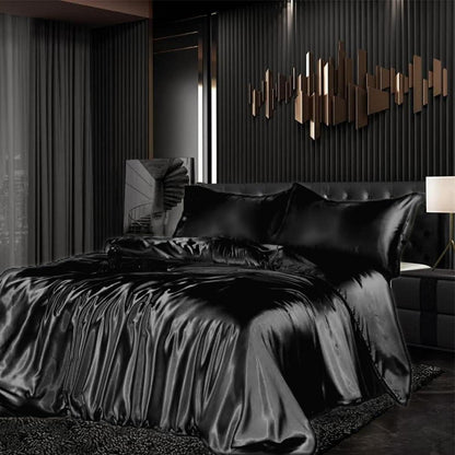 Satin Bettwäsche Set 135x200 cm Schwarz 4-teilig Luxus