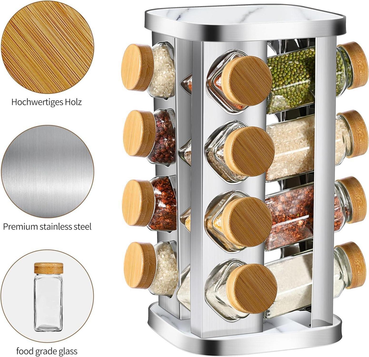 Drehbares Gewürzregal mit 16 Glasdosen und Bambus-Deckeln