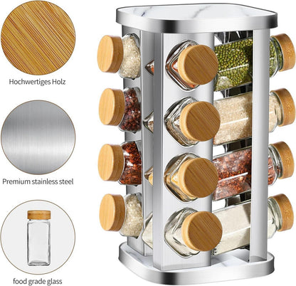 Drehbares Gewürzregal mit 16 Glasdosen und Bambus-Deckeln