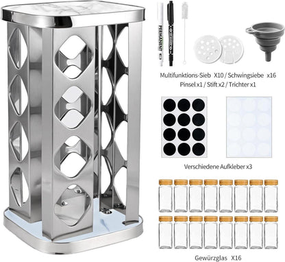 Drehbares Gewürzkarussell mit 16 Gewürzgläsern und Bambus-Deckeln