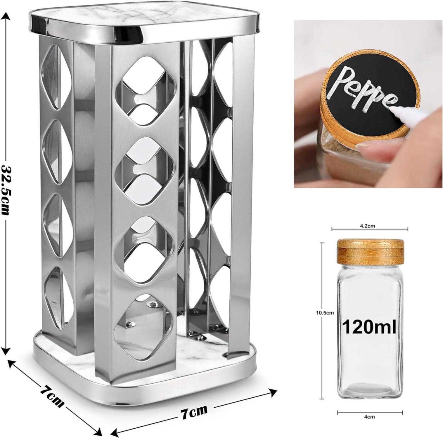 SAEIV 16-tlg. drehbares Gewürzregal Bambus-Deckel Stahl Organizer