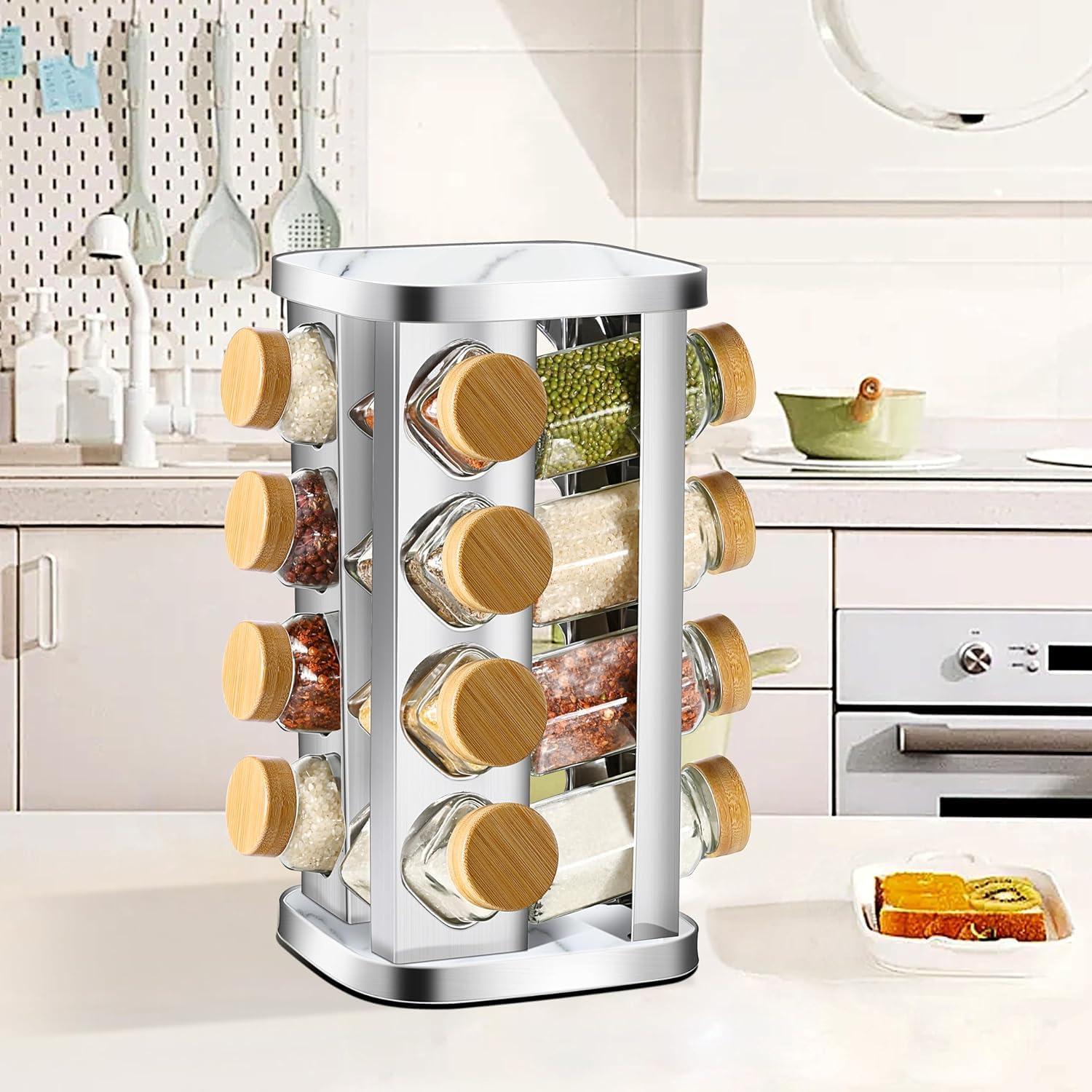 Drehbares Gewürzregal mit 16 Glasdosen & Bambus-Deckel, Edelstahl