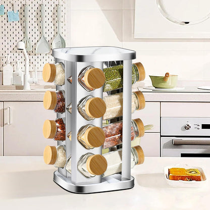 Drehbares Gewürzregal mit 16 Glasdosen & Bambus-Deckel, Edelstahl