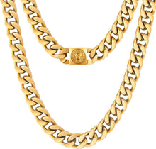 12mm Herren Panzerkette mit Löwenkopf-Verschluss, 18K Gold Cuban Link
