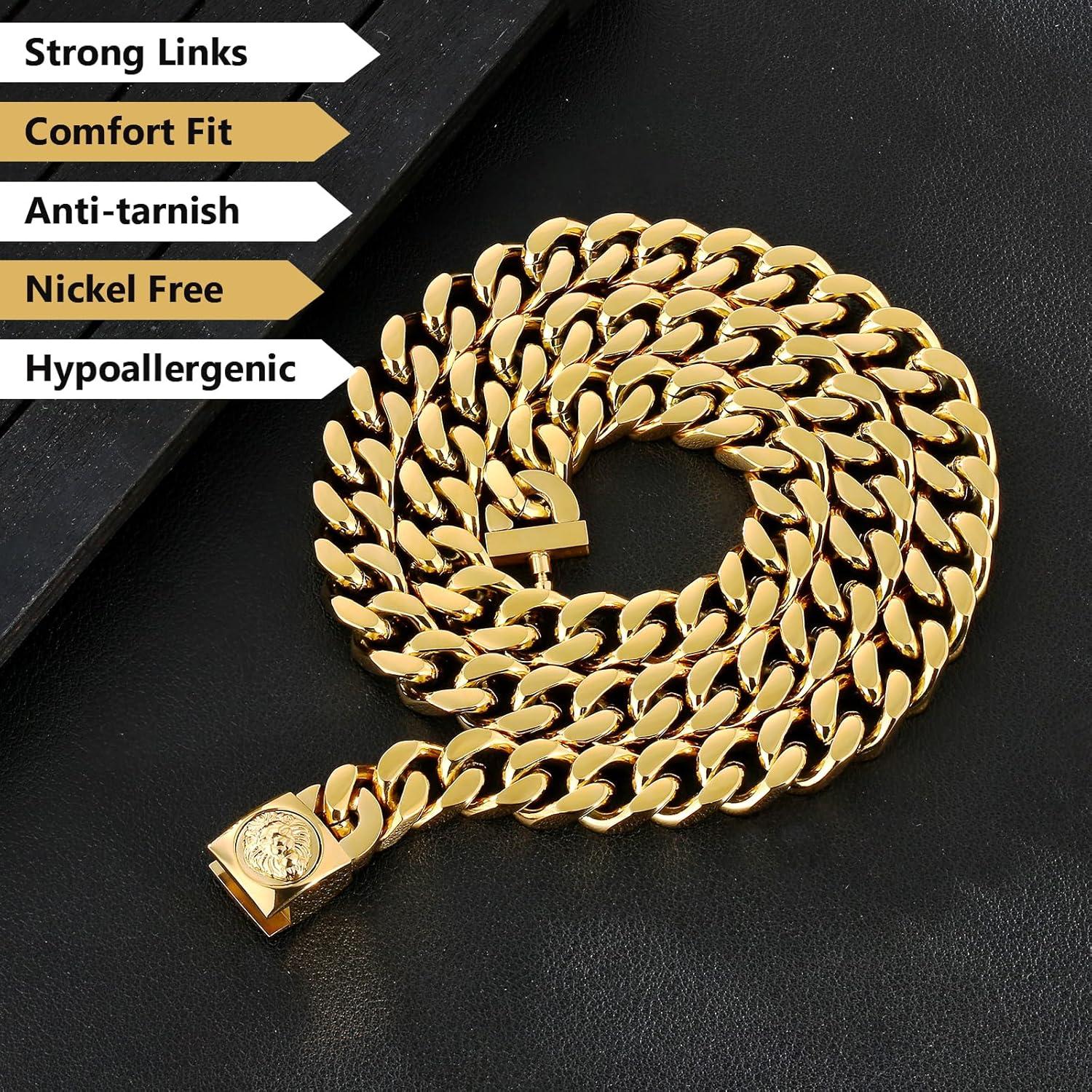 12mm Herren Panzerkette mit Löwenkopf-Verschluss, 18K Gold Cuban Link
