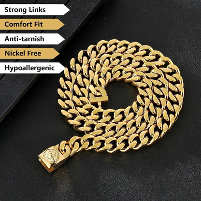 12mm Herren Panzerkette mit Löwenkopf-Verschluss, 18K Gold Cuban Link