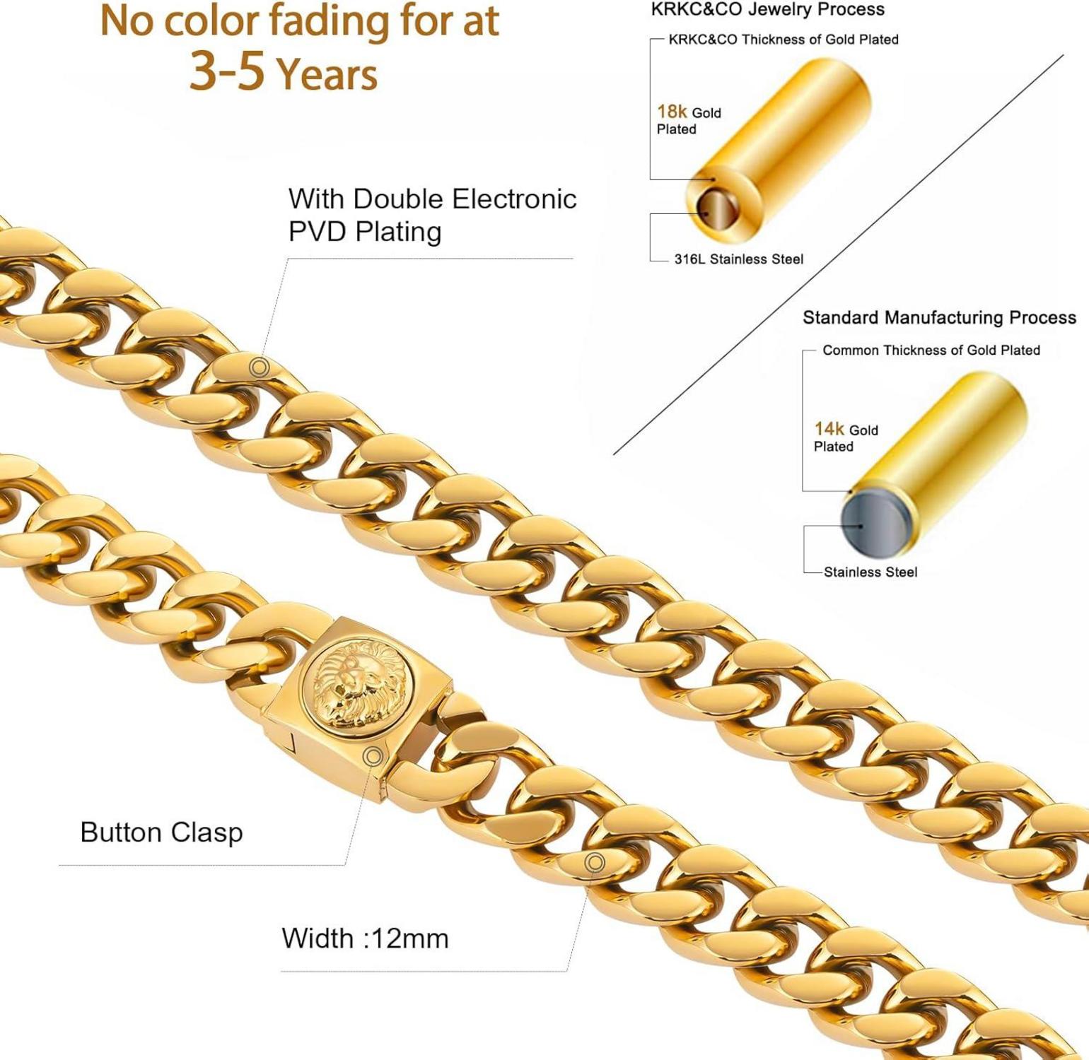 KRKC&CO 12mm Herren Panzerkette Löwe Totenkopf Verschluss 18K Gold Cuban Link Chain 46-61cm