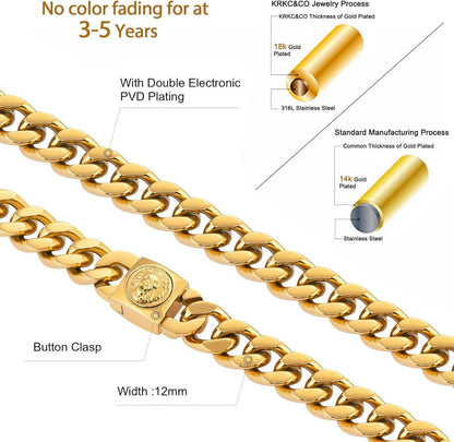 KRKC&CO 12mm Herren Panzerkette Löwe Totenkopf Verschluss 18K Gold Cuban Link Chain 46-61cm