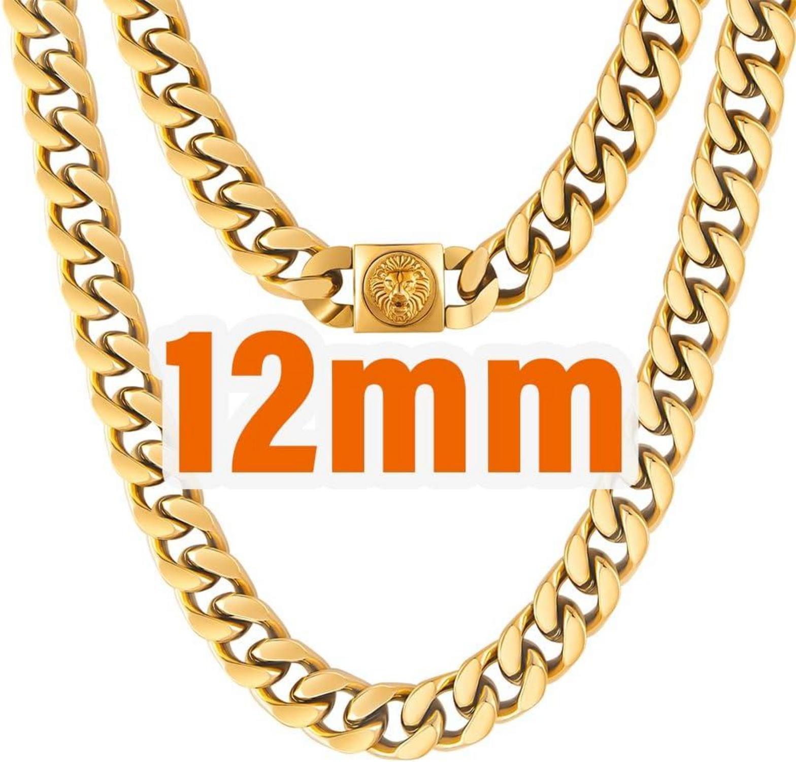 Herren 12mm Gold Panzerkette Löwe Totenkopf Verschluss Cuban Link Chain