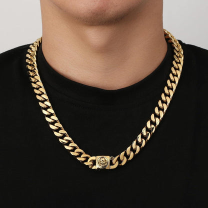 Herren 12mm Gold Panzerkette mit Löwe/Totenkopf