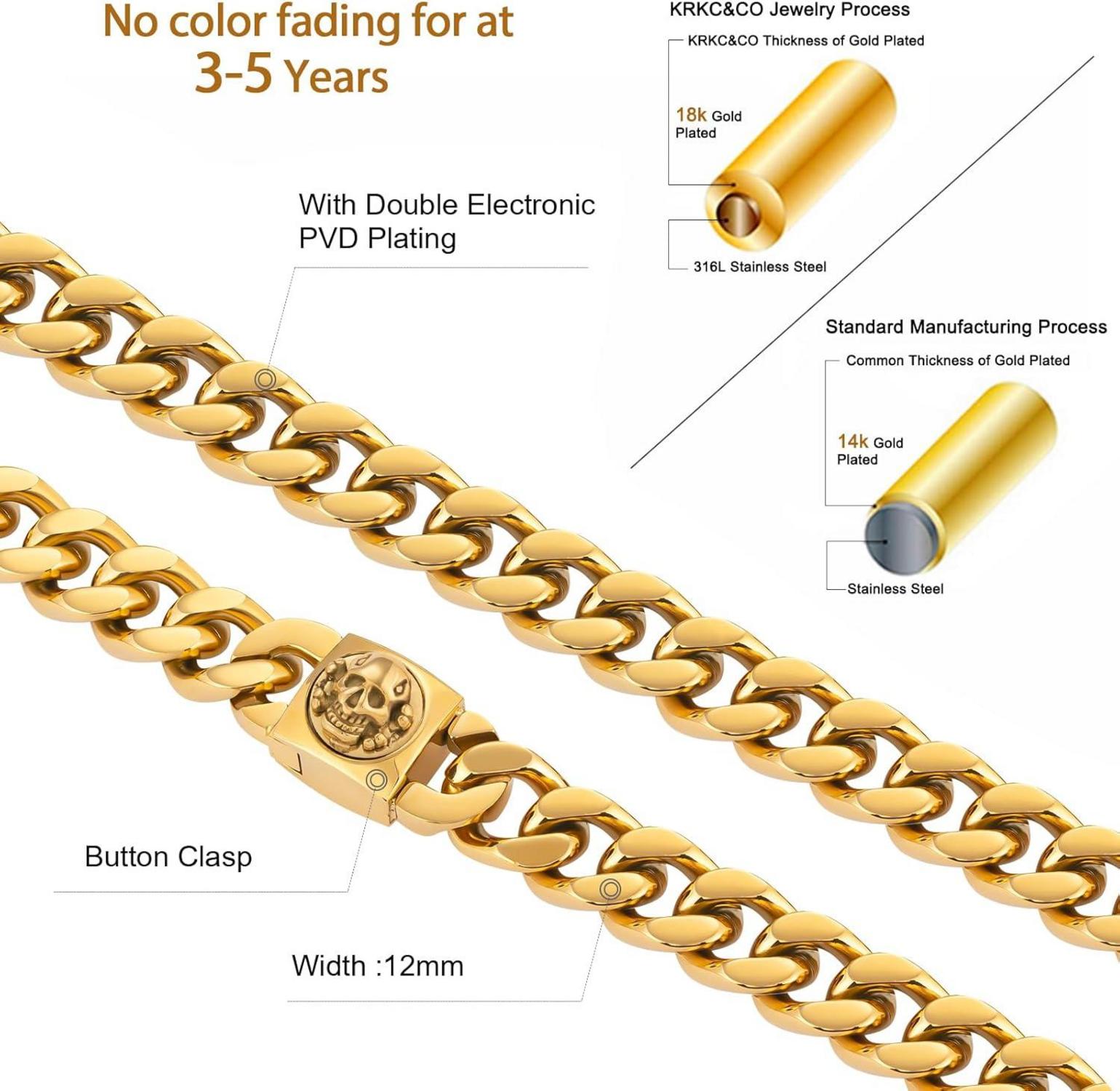 Herren Panzerkette mit Totenkopf-Verschluss, 18K Gold plattiert, 12mm, 55.9cm