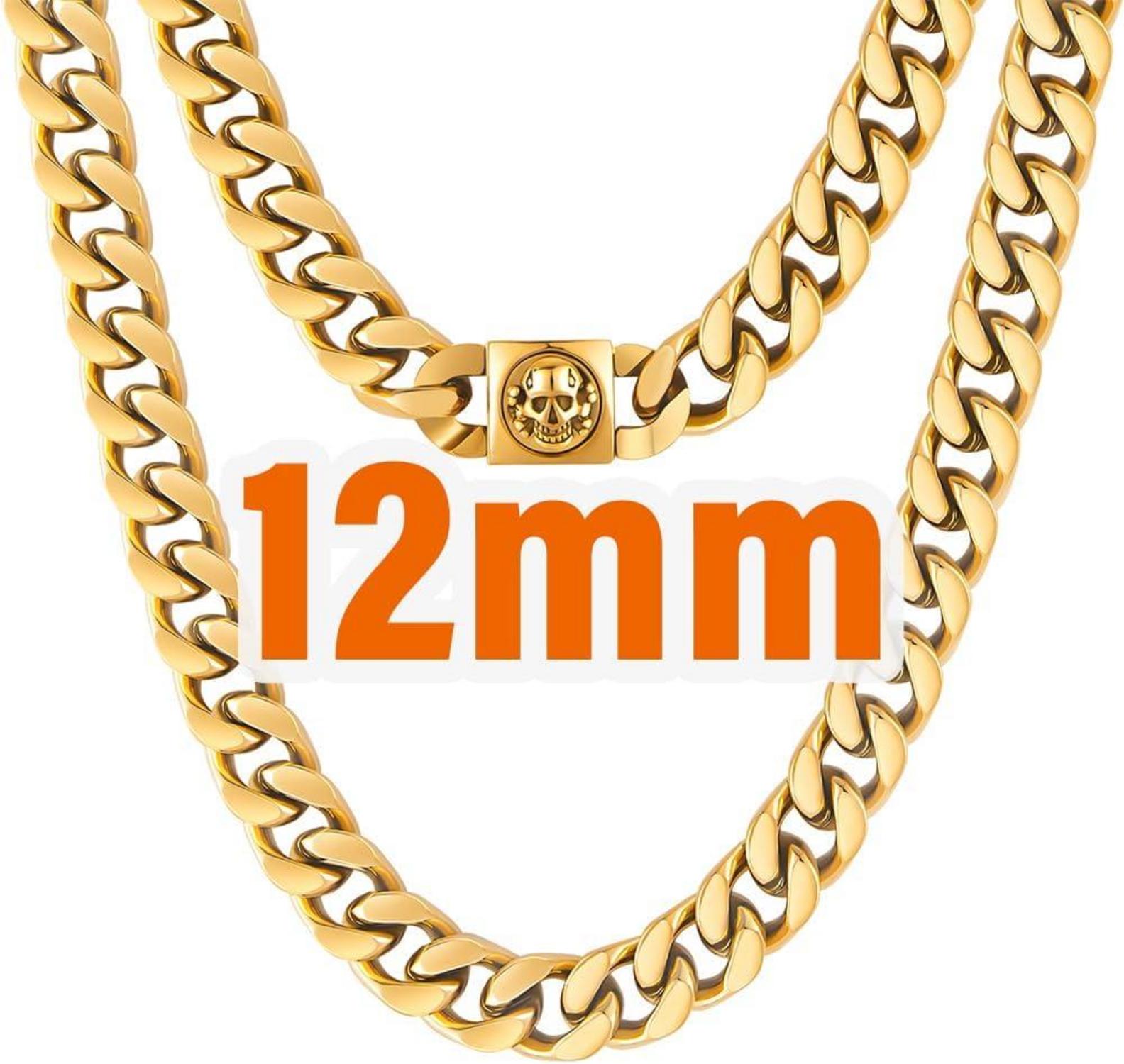 Herren Panzerkette 12mm Löwe Totenkopf 18K Gold plattiert Cuban Link Chain