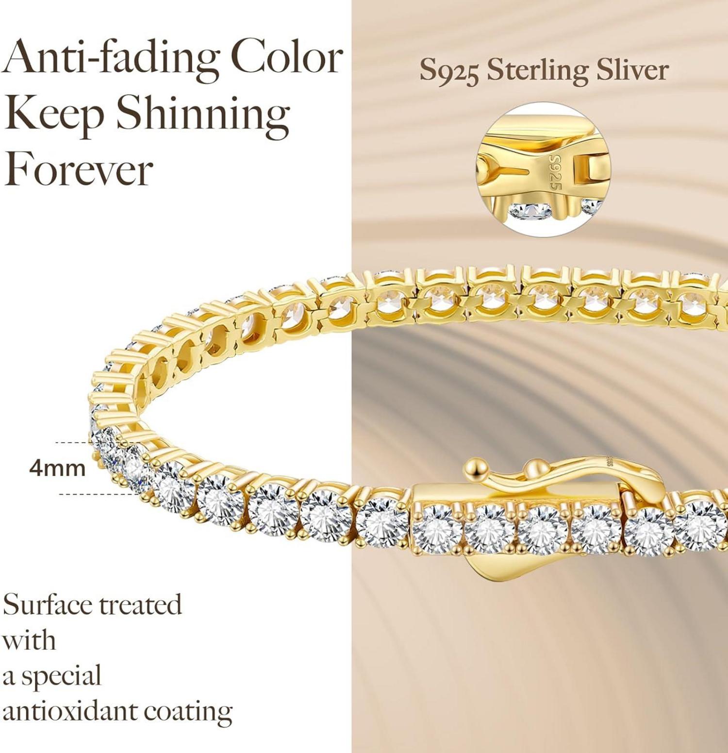 Tennisarmband Silber 925 Zirkonia Kristall 14K Gold 4mm 20.3cm