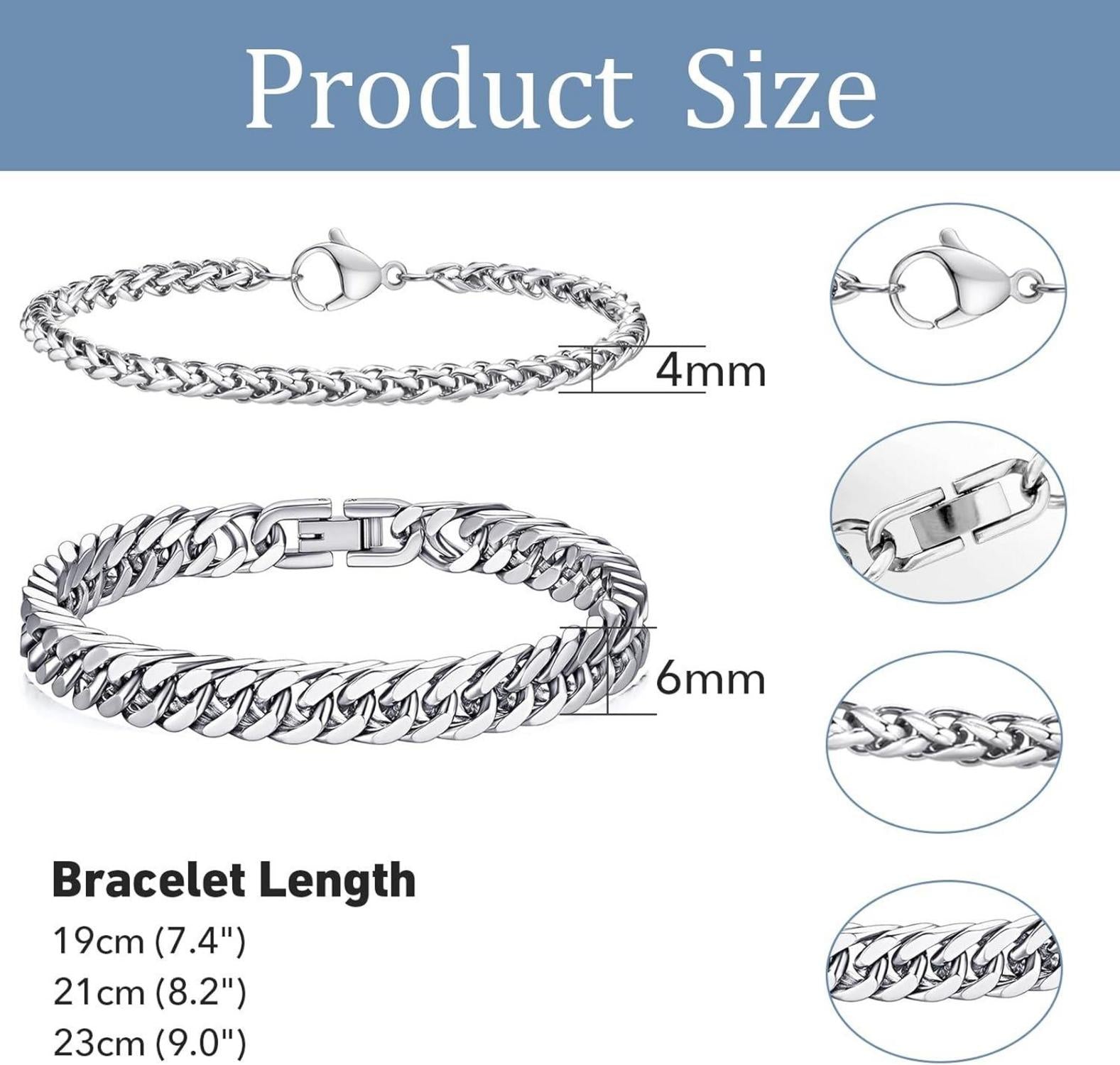 LOCCY Herren Armband 2 Stück Silber Edelstahl Panzerkette 4/6 mm - 23.0 Zentimeter