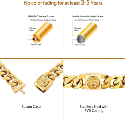 Breites 12mm Herren Armband mit Löwenkopf Verschluss, 18K Gold beschichtet, Cuban Link, 22.9cm