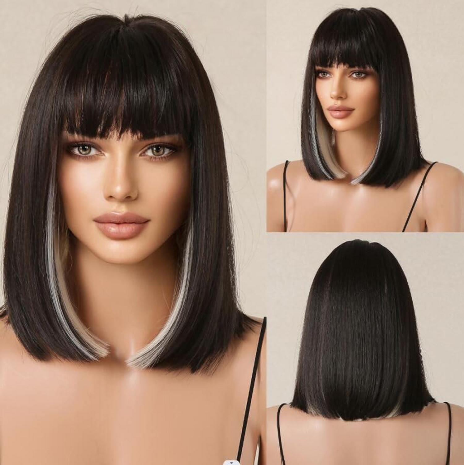 Schwarze Bob Perücke mit Pony Kurz gerade Synthetik Haar Party