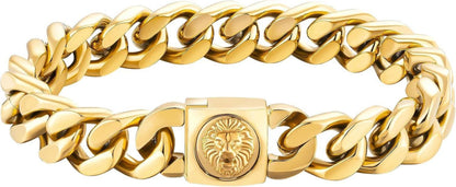 Gold beschichtetes Löwenkopf Armband 12mm Cuban Link für Männer