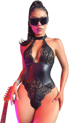 Damen Wetlook Lederbody Reißverschluss Clubwear Dessous L