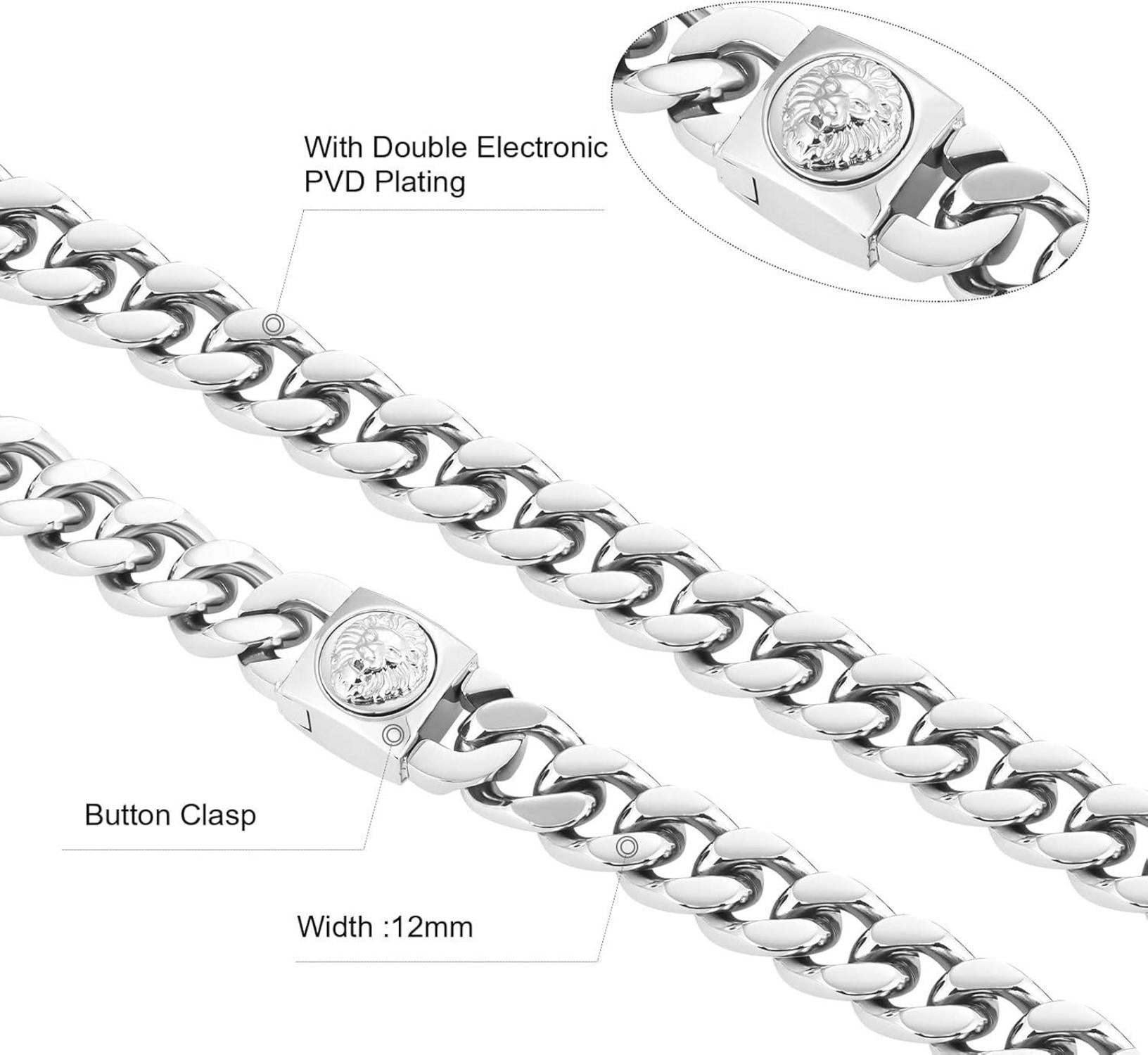 Herren Panzerkette Löwe Totenkopf 18K Gold Cuban Link Chain 61cm Silber
