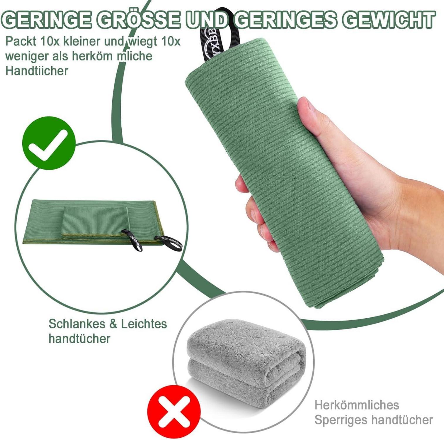 Mikrofaser Handtuch Set - Großes Badetuch + 2 Kleine Handtücher - Gestreiftes Strandtuch - Schnelltrocknend - Grün